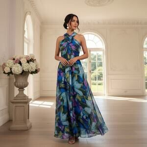 London Times Women’s Size 10 Floral Halter Maxi Dress Blue/Green Zip Closure NWT